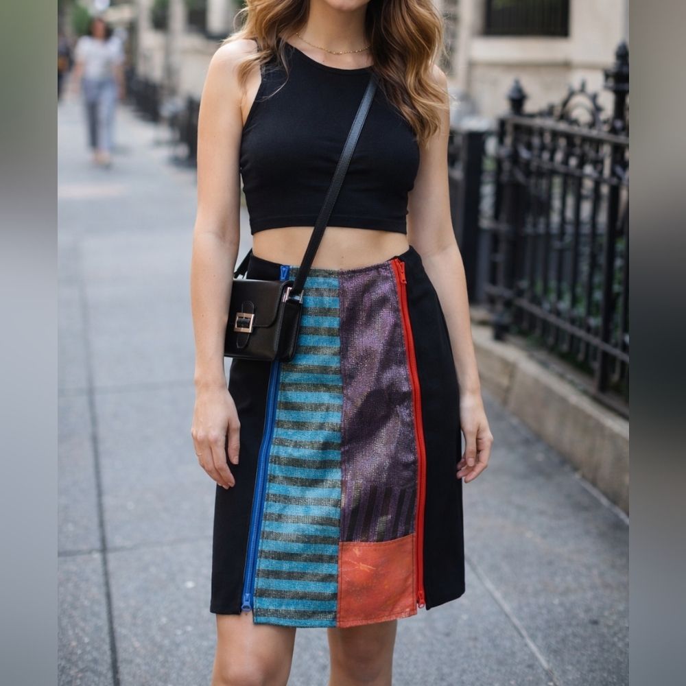 Andrea Geer Leather Colorblock Patchwork Skirt Sz Medium